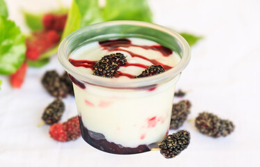 Fresh greek yogurt with mulberry  in cups,  with mulberries on v