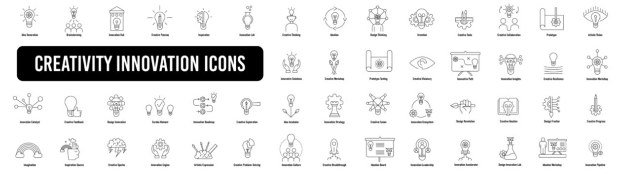 Creativity innovation icons in line style.Creative idea, brainstorming, invention. Vector illustration
