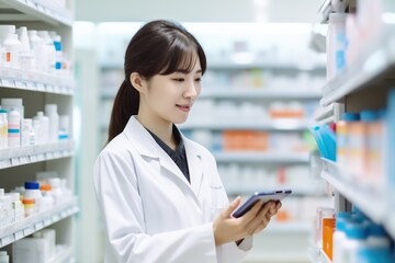 Asian female pharmacist holding modern tablet 