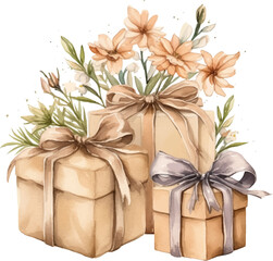 Watercolor gift box on white background