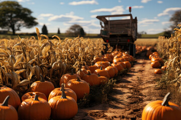 Pumpkins on a pumpkin patch farm with machine tractor harvesting.. Autumn fall festival. Halloween...