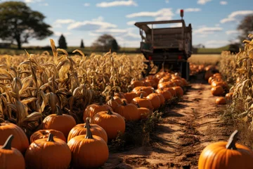 Schilderijen op glas Pumpkins on a pumpkin patch farm with machine tractor harvesting.. Autumn fall festival. Halloween and Thanksgiving background © samael334