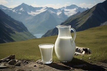 Milk amidst beautiful mountains. Generative AI