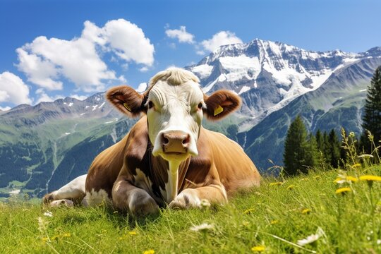 Peaceful scene: a cow peacefully grazing in the snowy alpine meadows, with majestic mountains in the background. Generative AI