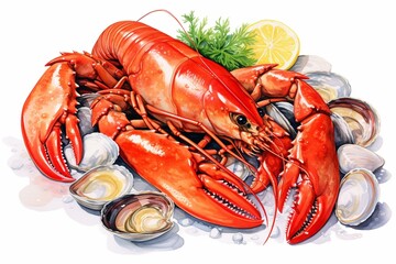 Raster illustration of seafood on white background. Generative AI