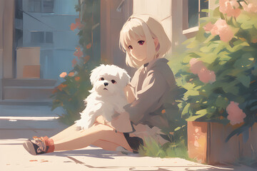 Lovely Maltese and cute girl. Generative AI