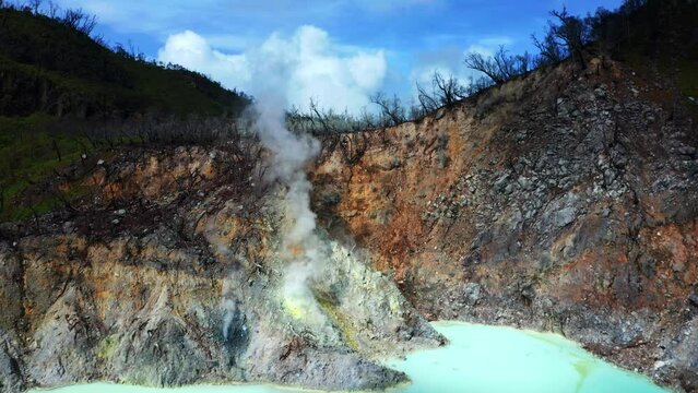 Aerial view of Sulfur fume rising from the White Crater Lake, South of Bandung, West Java, Indonesia