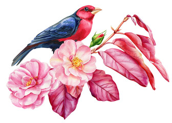 Beautiful bird sitting on a branch with roses flowers on an isolated white background, watercolor botanical illustration