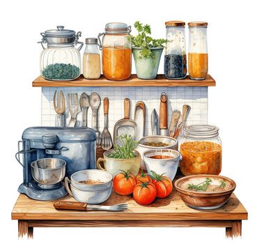 Watercolor illustration of kitchen utensils. Generative AI, png image.