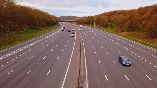 Timelapse Traffic Above Britain's M1 Motorway Near Junction 27a in Nottinghamshire, England, UK.