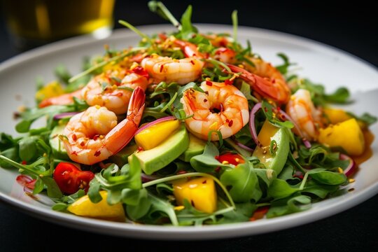 A delicious image of a refreshing salad with salsa, mango, avocado, shrimp, prawn, arugula, rocket, and vegetables topped with onion, sauce, and chili. Generative AI