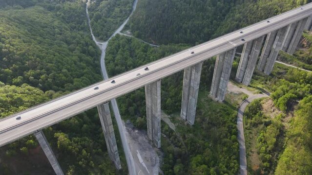 Aerial view of Vitinya Pass and Hemus (A2) motorway, Sofia Region, Bulgaria
