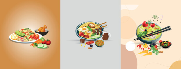 Asian food story set, and traditional restaurants, cooking, menu, vector illustration