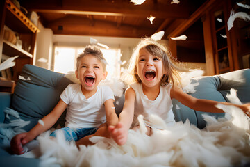 Dos niños entusiasmados felices y risueños se divierten en el interior de casa en una fiesta familiar con cogines en el sofá. - obrazy, fototapety, plakaty
