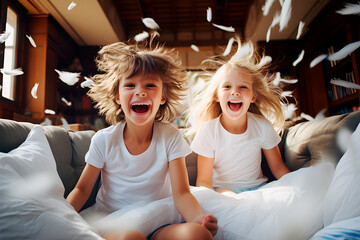 Dos niños entusiasmados felices y risueños se divierten en el interior de casa en una fiesta familiar con cogines en el sofá. - obrazy, fototapety, plakaty