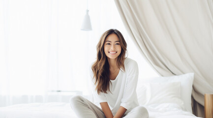 south east asian young woman happily sitting on her bed look suround her, white plain background - obrazy, fototapety, plakaty