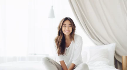 Foto op Aluminium south east asian young woman happily sitting on her bed look suround her, white plain background © Kholoud