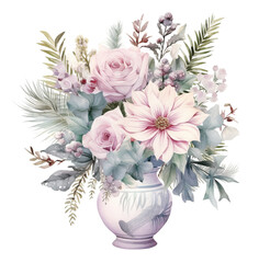 Watercolor illustration of a winter bouquet in a vase. Generative AI, png image