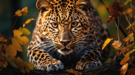 A beautiful big jaguar leopard crouching on a tree facing forward in the jungle created with Generative AI Technology