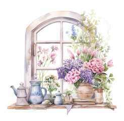 Fototapeta na wymiar Watercolor illustration vintage decor with flowers. Generative AI, png image