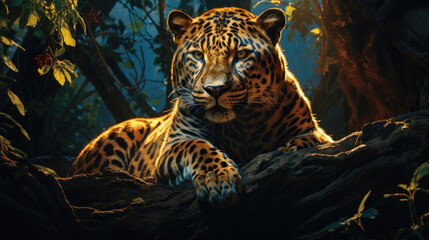 A beautiful big jaguar leopard crouching on a tree facing forward in the jungle created with Generative AI Technology - obrazy, fototapety, plakaty