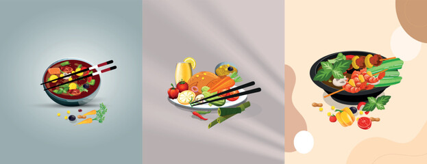 Asian food story set, and traditional restaurants, cooking, menu, vector illustration