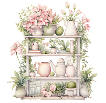 Watercolor illustration of a shelf with flowers. Generative AI, png image
