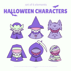 6 vector elements of creepy characters on a light background. Halloween icons for web use.