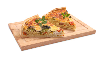 Pieces of delicious homemade vegetable quiche isolated on white