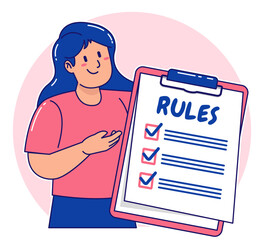 Cartoon woman explaining the rules