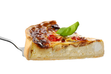 Server and piece of delicious homemade quiche with prosciutto isolated on white