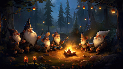 fantasy cartoon of several dwarves gnome playing music in the forest around a fire camp with a starry sky and full moon created with Generative AI Technology