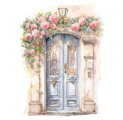 Watercolor illustration of cute vintage doors. Generative AI, png image