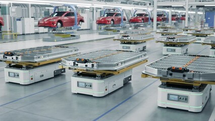 Automated Guided Vehicles with Electric Car Battery Packs inside Modern Automotive Factory. EV Production Line on Advanced Factory. High Performance Electric Car Autonomous Manufacturing Processes