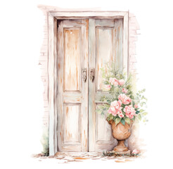 Fototapeta na wymiar Watercolor illustration of cute vintage doors. Generative AI, png image