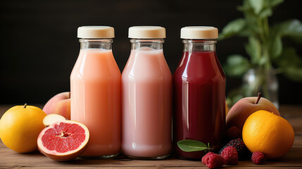 Refreshing fresh fruit juice served with a colorful array of fruits - obrazy, fototapety, plakaty