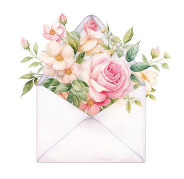 Watercolor illustration of an envelope with flowers. Generative AI, png image