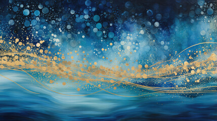Pointillism shining abstract blue and gold beige liquid metal shiny sea water wave reflection...