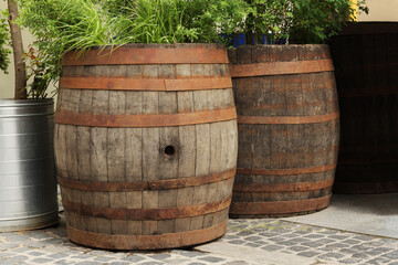 Traditional wooden barrels and green plants outdoors