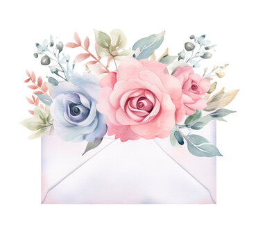 Watercolor illustration of an envelope with flowers. Generative AI, png image
