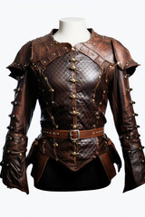 Medieval ancient made of leather women warrior protection armor for body on white background