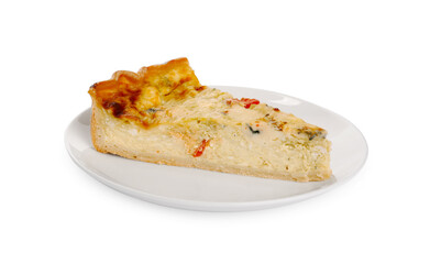 Piece of delicious homemade cheese quiche isolated on white