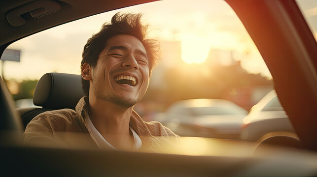 Asian man driving position in car with happy smiling face and beautiful bokeh at sunset created with Generative AI Technology