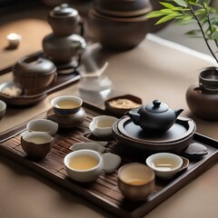 Obraz na płótnie Canvas A tea ceremony with traditional Chinese tea set, cups, and a bamboo tea tray1