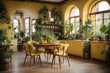 Fototapeta na wymiar Rustic interior kitchen with rounded dining table with plants around, vintage light yellow design. Generative Ai.