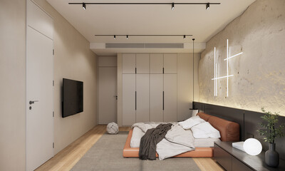 Fototapeta na wymiar Modern style bedroom interior design and decoration with orange bed, white and grey bedding, grey carpet on wooden floor, buit in closet. 3d rendering showcase condominium master bed.