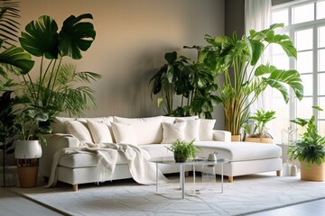Stylish living room adorned with a pristine white sofa and refreshing greenery. Generative AI
