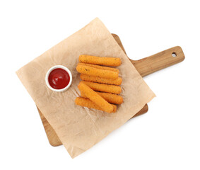 Tasty cheese sticks with ketchup isolated on white, top view