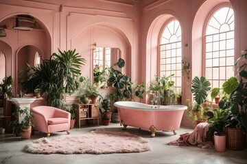 Fototapeta na wymiar rustic interior bathroom with plants around, vintage light pink design. Generative Ai.