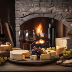 Fototapeta na wymiar A cozy fireplace setting with two wine glasses and a cheese platter on a rustic table2